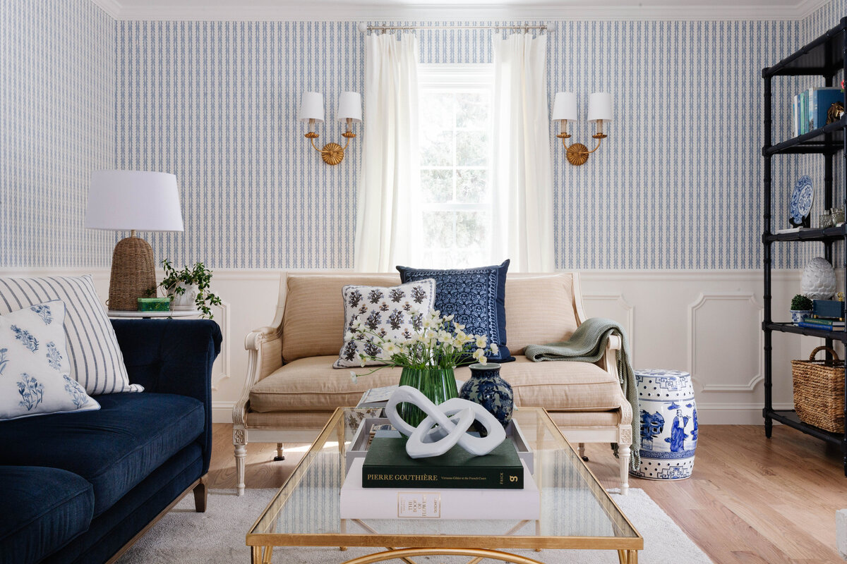 Blue and White Wallpapered Charming Southern Style Living Room by Denver Interior Designer Peggy Haddad Interiors
