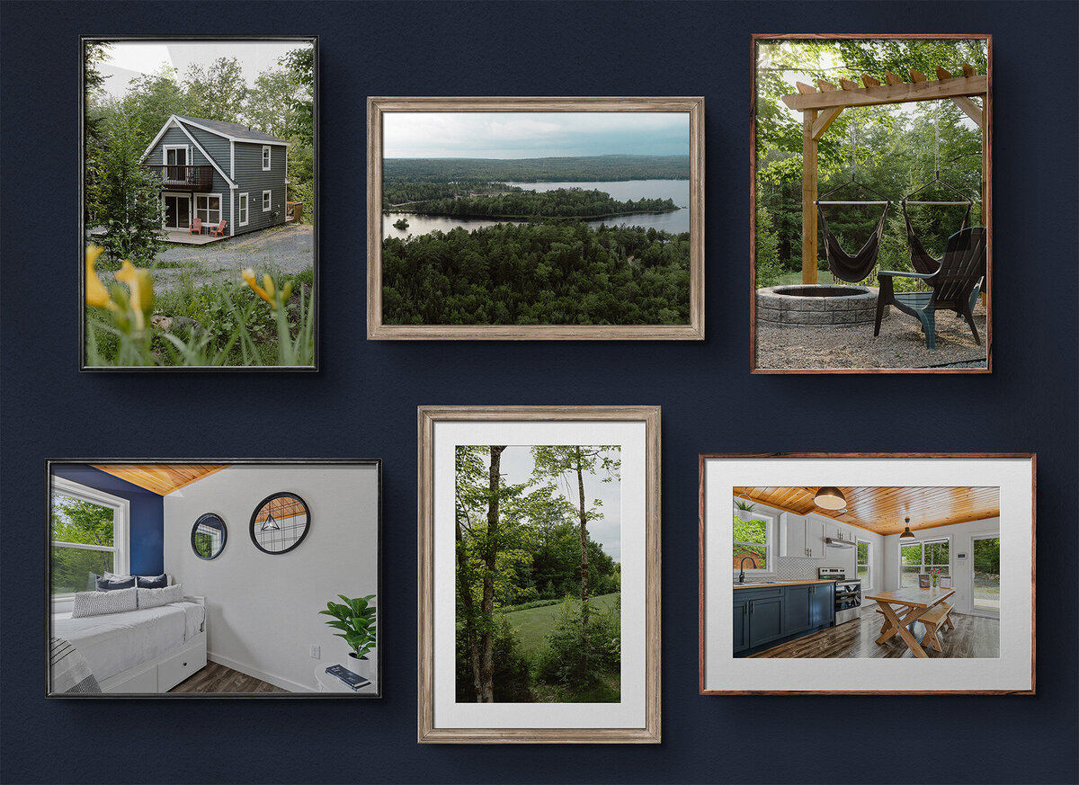 Framed photos of the interior and exterior of the airbnb