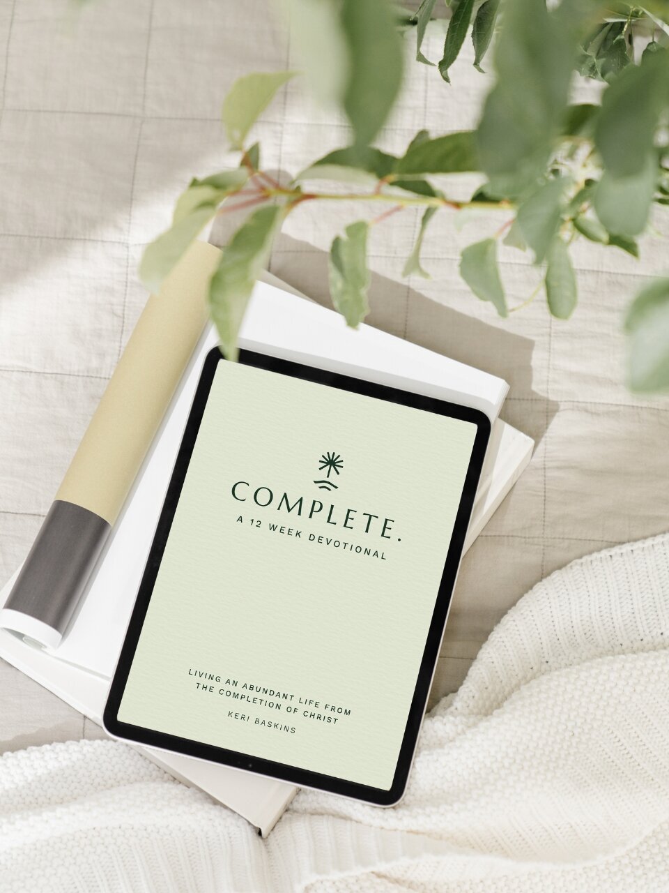 iPad mockup of the “Complete” 12-week devotional by Keri Baskins with MPR Ministries branding on a light green textured cover.