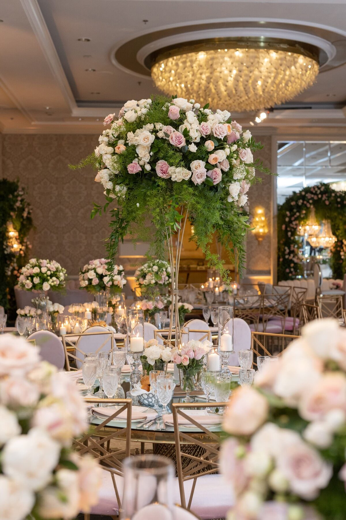 Flowers decorated on wedding reception tables