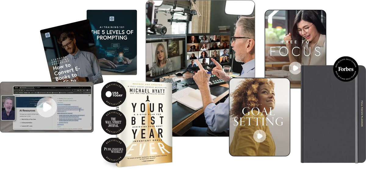 Collection of educational content showing e-book guides, AI prompting courses, virtual workshop screenshots, bestselling book covers, and goal-setting videos from Michael Hyatt.