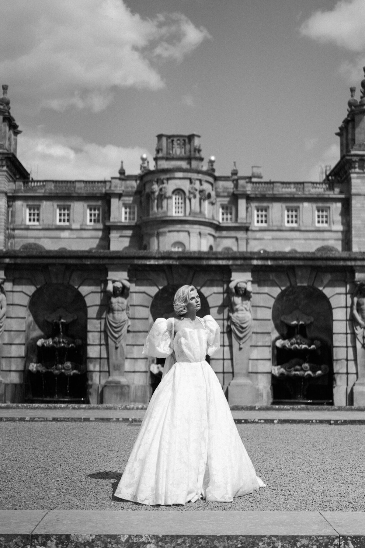 black and white portrait of a bride at blenheim palace