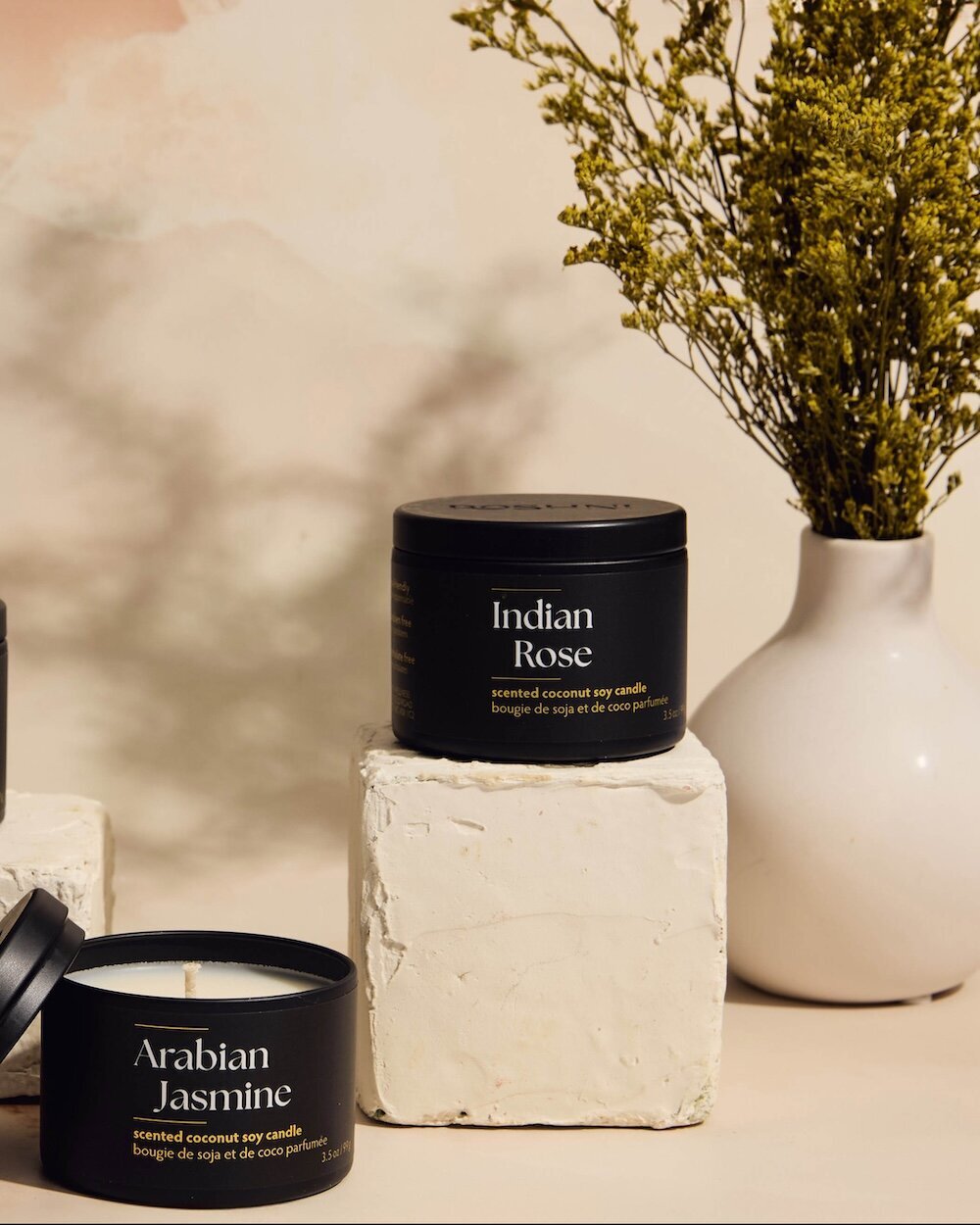 Roshni Wellness soy candles Indian Rose and Arabian Nights scents