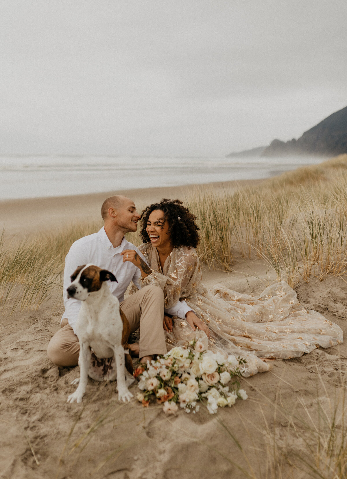 bride groom and dog elopement photo
