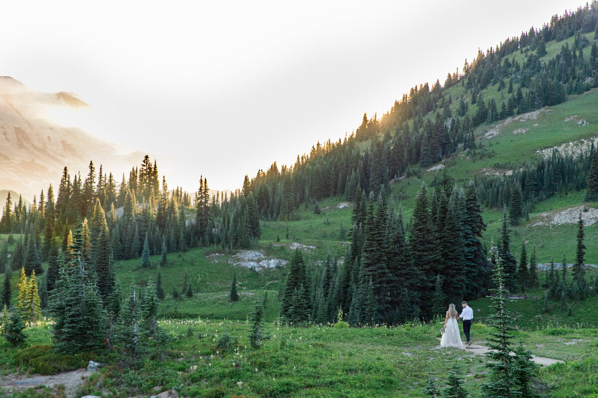 bride and groom walk through forest