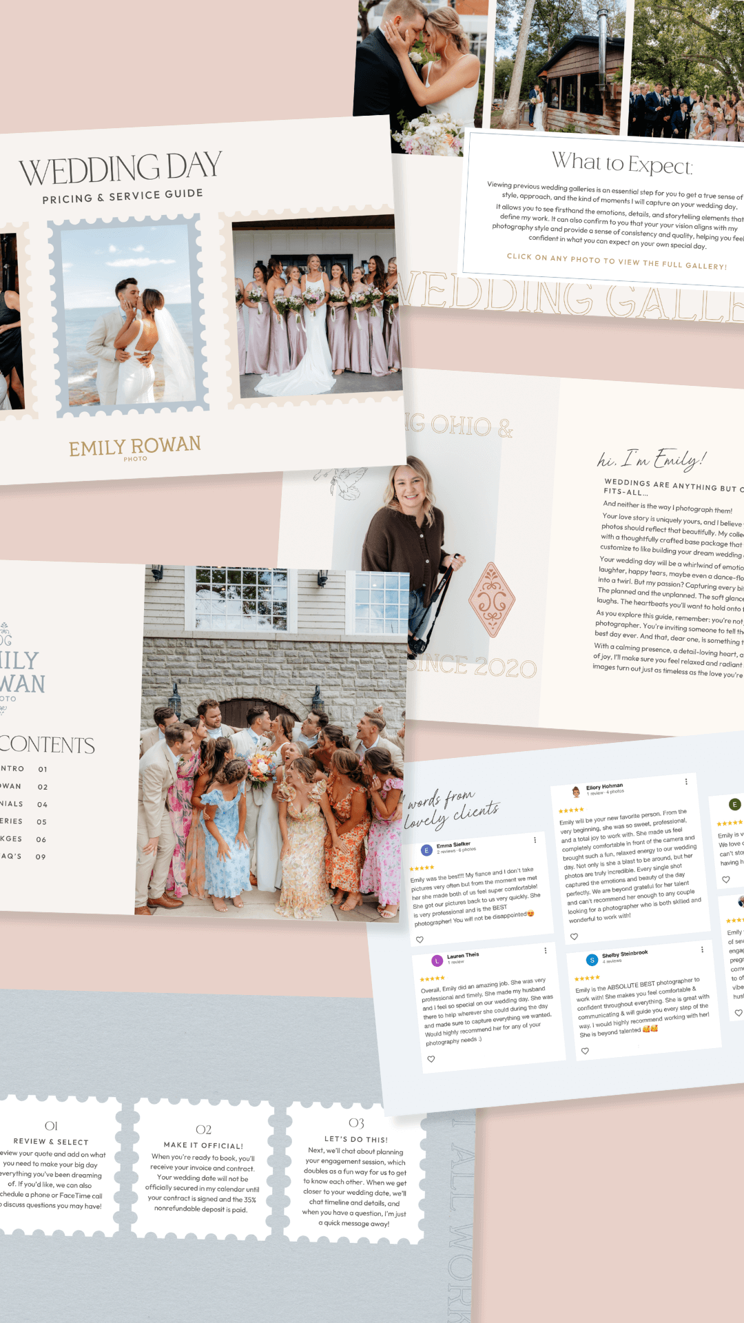 High-end wedding welcome guide with romantic layout, client testimonials, and personalized photography experience details
