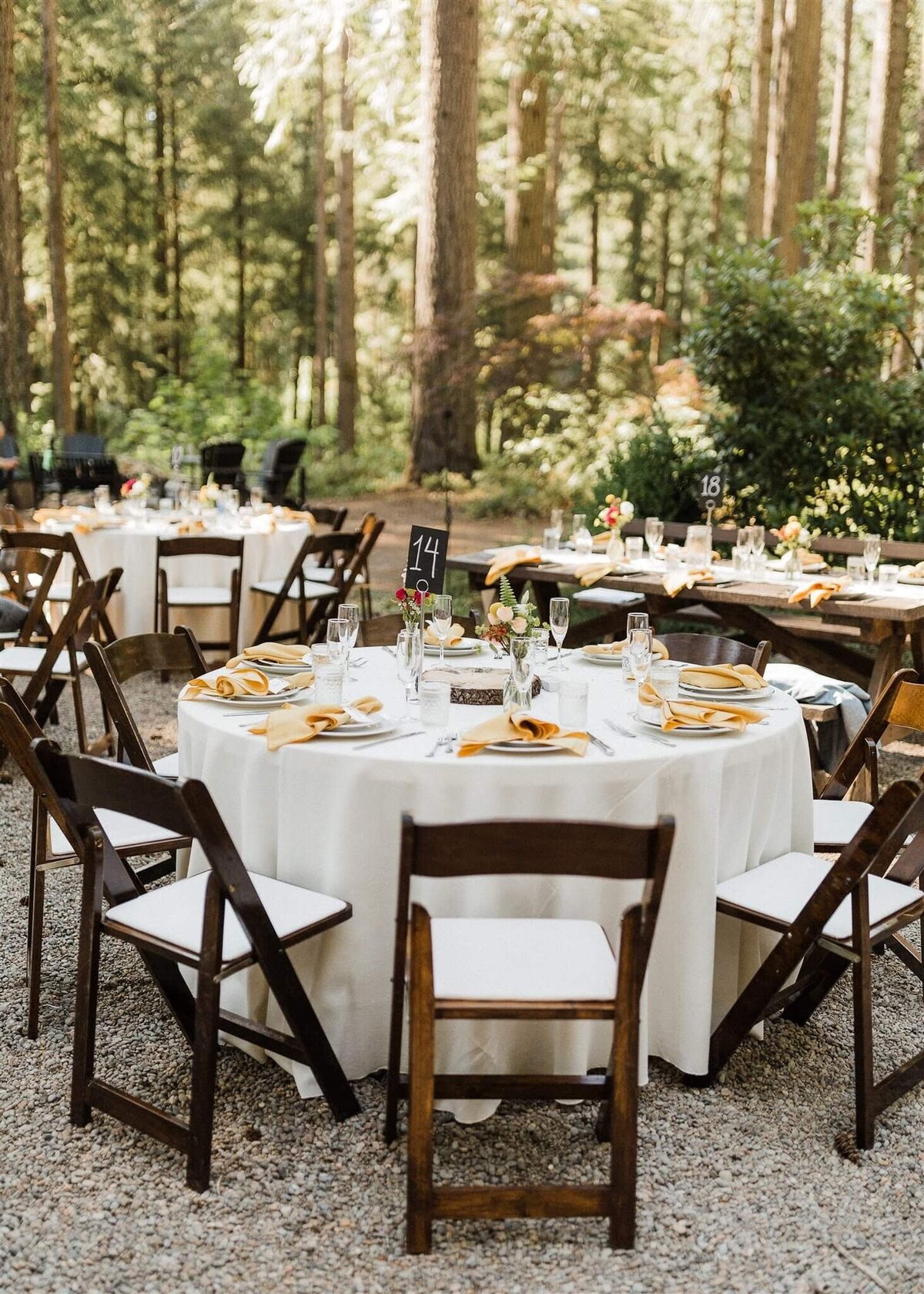 Place settings and floral arrangement on display at outdoor summer wedding.