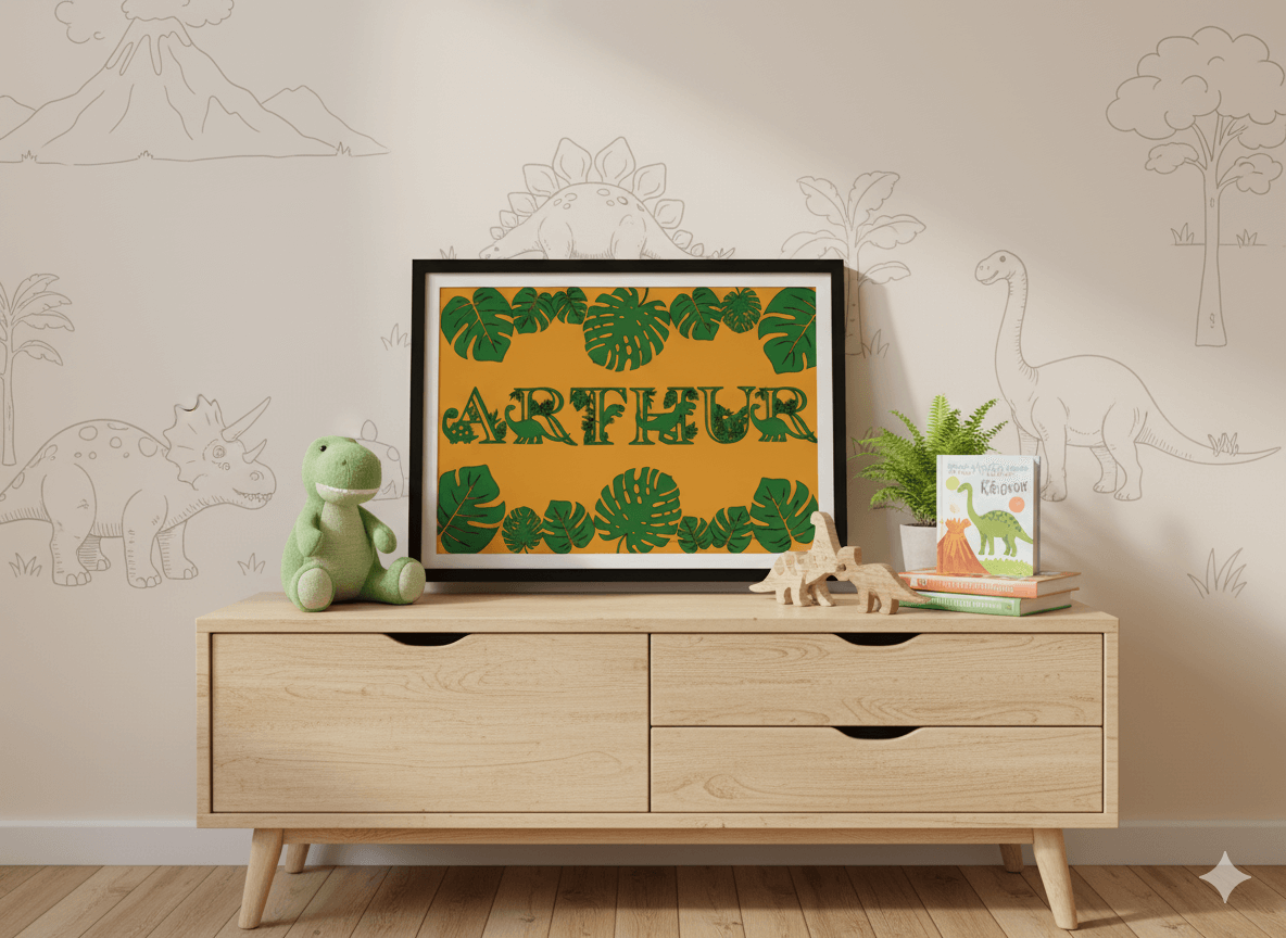 Cadre de naissance décoré sur le thème dinosaures et jungle, posé sur un meuble en bois dans une chambre d’enfant avec illustrations de dinosaures au mur. Le cadre affiche un prénom en lettres décorées.