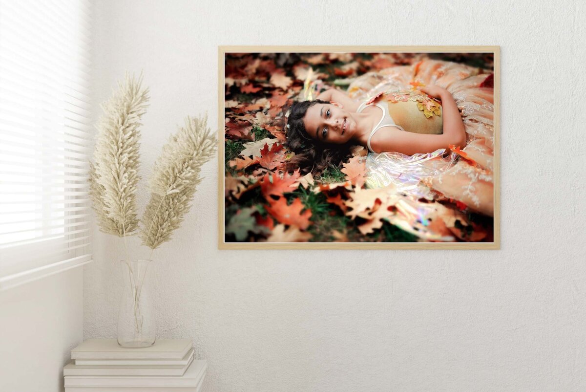 Framed wall art - girl wearing fairy princess dress in fall with leaves-20