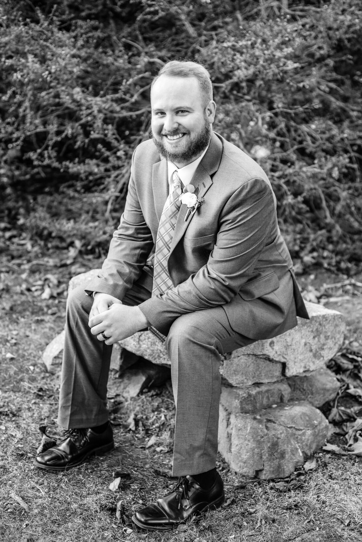 Black and white portrait of groom at Wells Maine Wedding