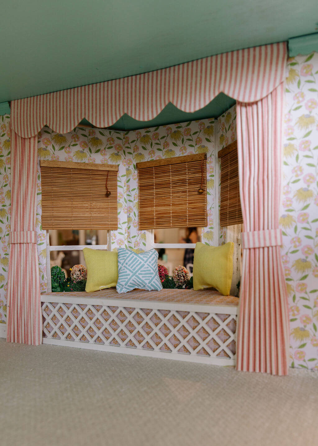oyster creek studios petite palm beach dollhouse pink curtain window bench with lattice pattern and natural shades