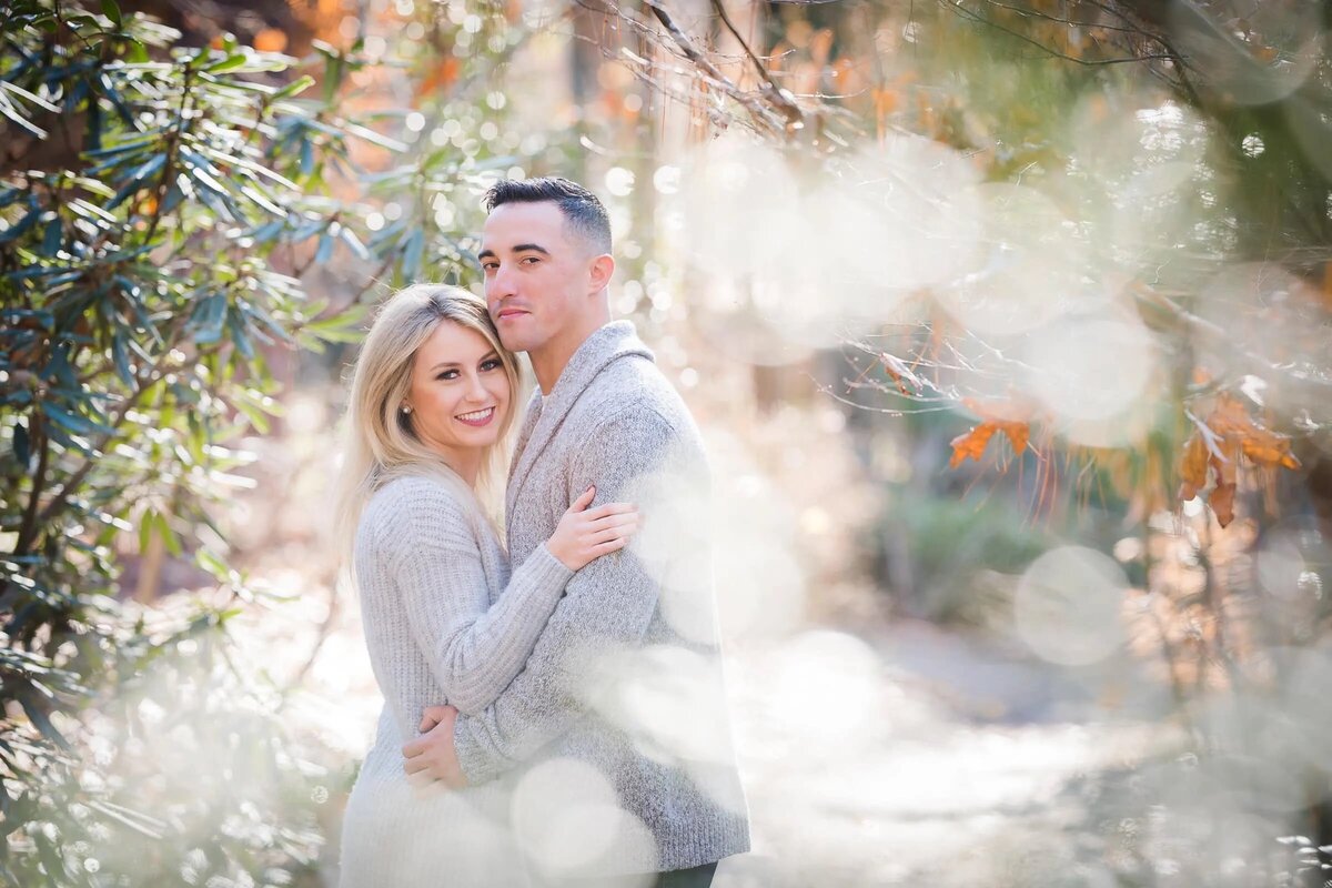 Couple embracing amidst a blurred forest setting, with soft light filtering through the trees.