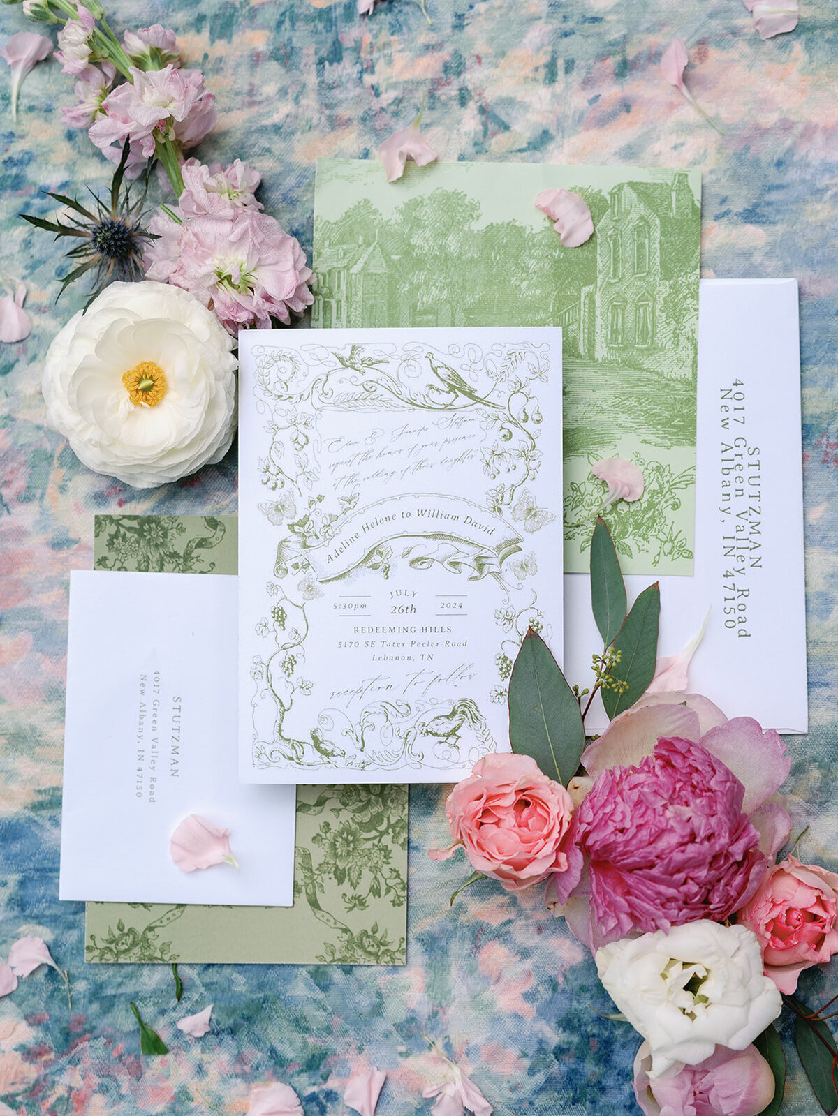 Vintage inspired garden wedding invitations for a Tennessee wedding