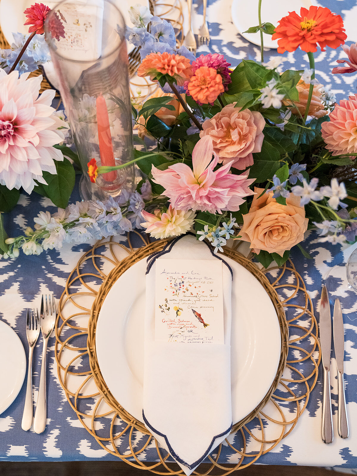 Kate-Murtaugh-Events-RI-wedding-planner-micro-wedding-Inn-at-Hastings-Park-Lexington-Boston-MA-luxury-elopement-colorful-florals-watercolor-menu-rattan-charger