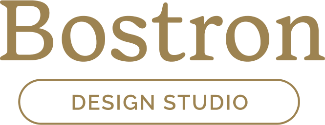 Primary logo for Bostron Design Studio in a gold color. Bostron Design Studio is a website and branding design studio for photographers.
