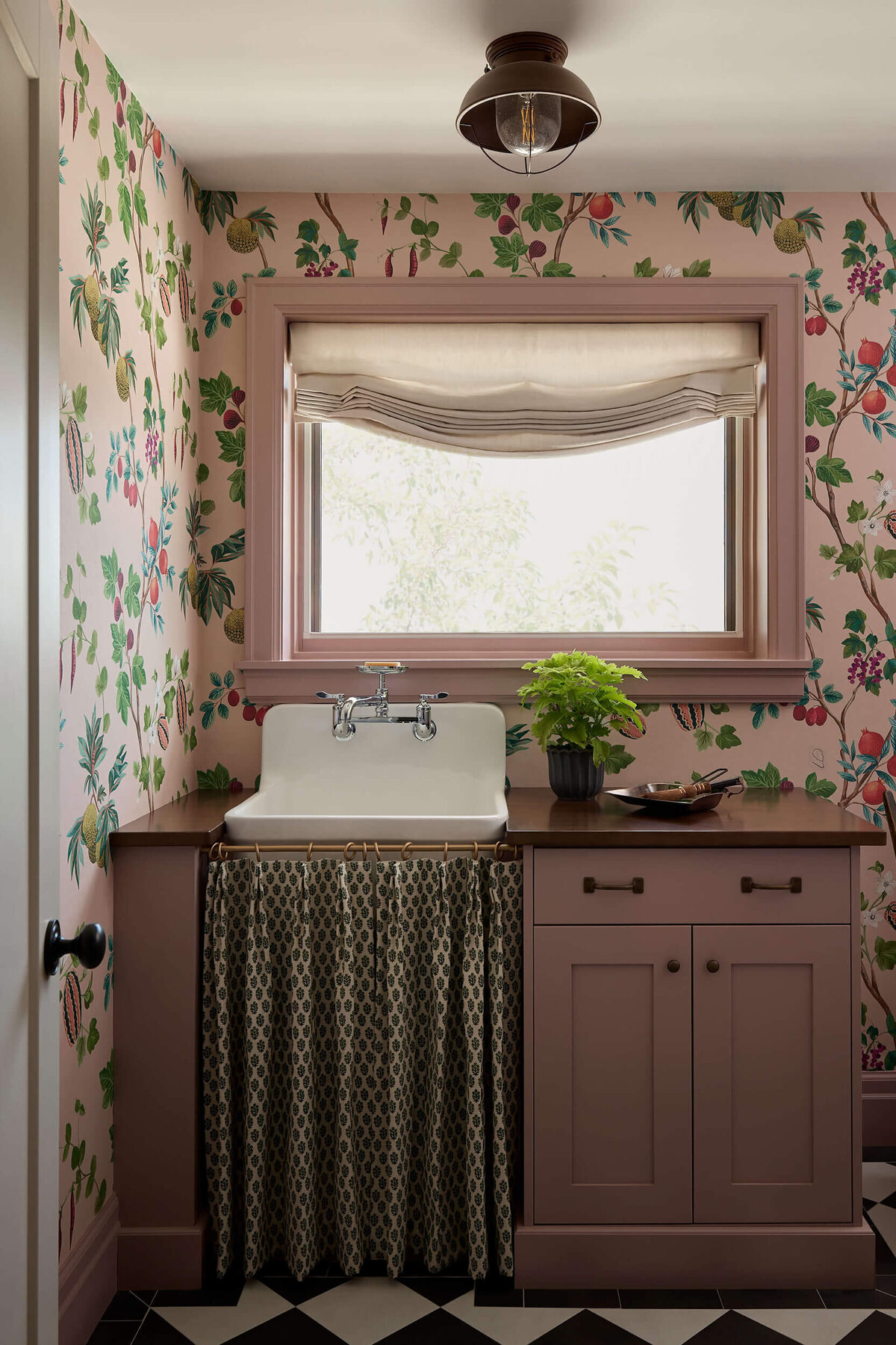 william-morris-wallpaper-sink-skirted-cabinetry-pink-mudroom-wilmington-interior-designer