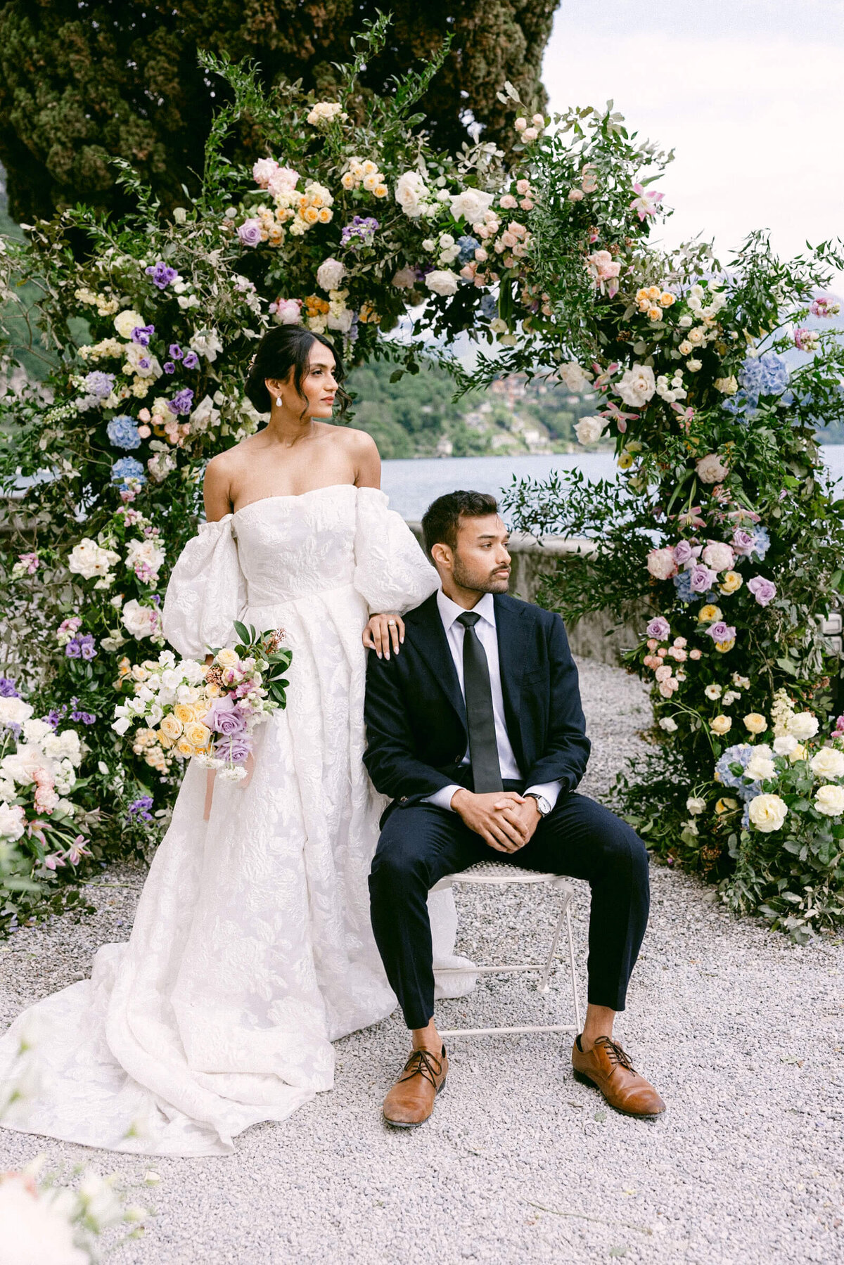 A wedding day photo of the bride and groom at Villa Aura del Lago on Lake Como in Italy