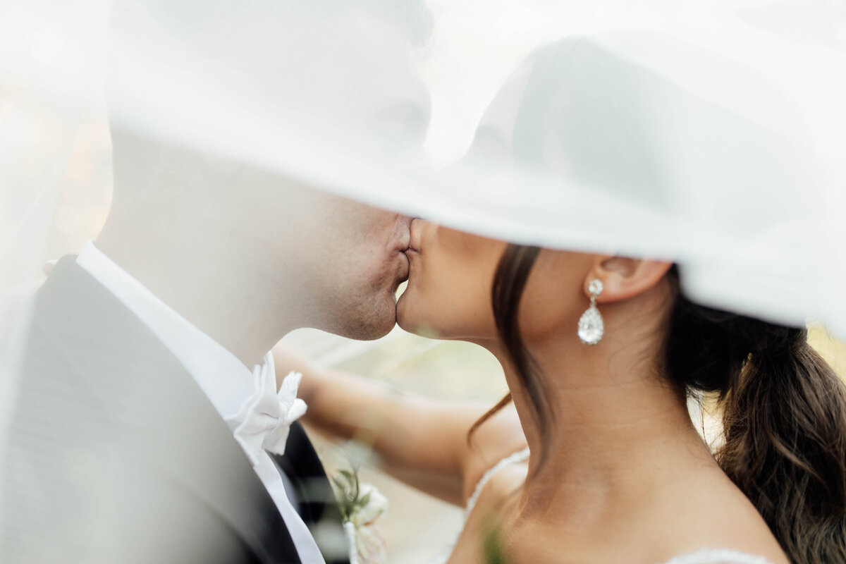Bride and groom kiss under veil. 