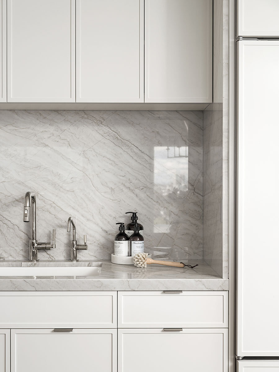 white kitchen with slim shaker slab backsplash