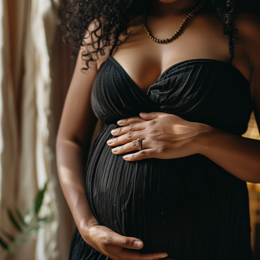 ygioots_black_pregnant_woman_holding_her_belly_--stylize_50_88e68cb1-23ac-42e0-913a-25c01a9b265d_3