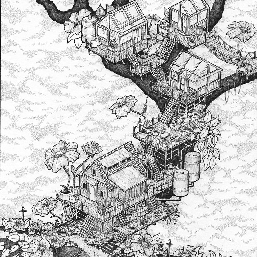 Detailed view of greenhouses higher up on the Botonist's treebranch. Pen and ink illustration. Whimsical.