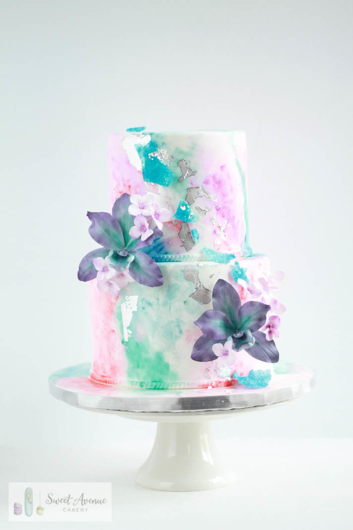 watercolour, tie dye cake with orchids