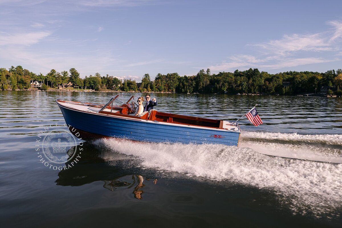 Bride and Groom in Chris Craft