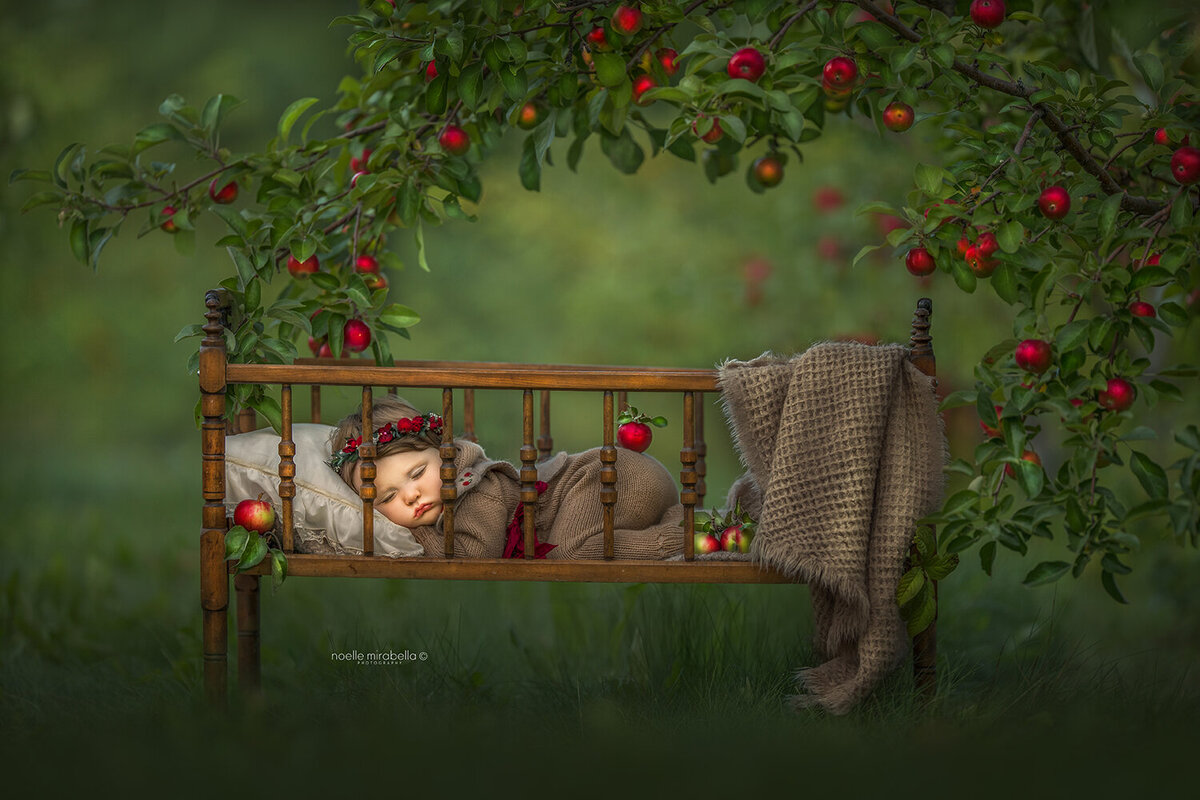Baby sleeping in wooden cradle in apple orchard.