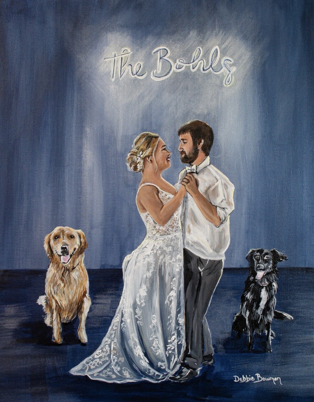 Bride and groom first dance, with their two dogs painted next to them