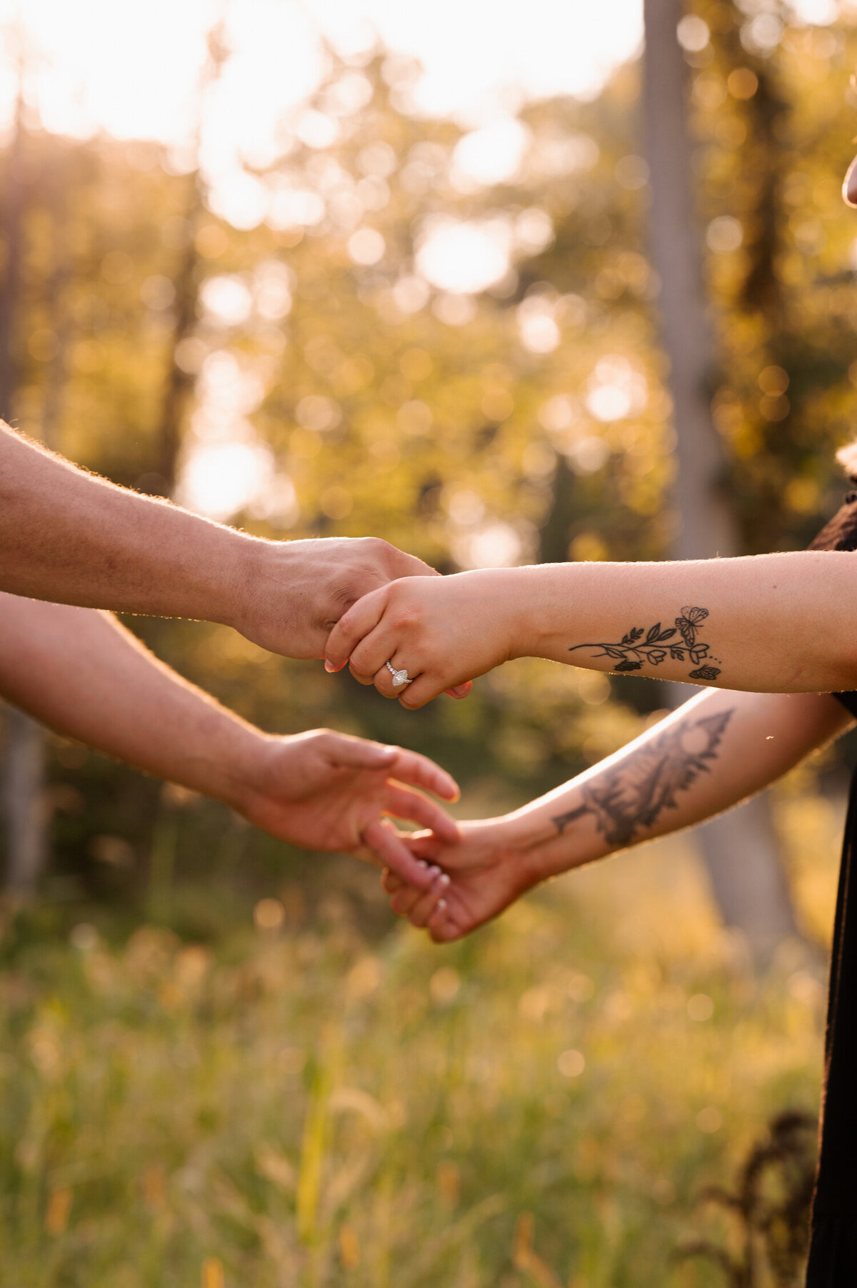 A recently engaged couple holding hands during their engagement session at Hudson Crossing Park in Schuylerville, NY.