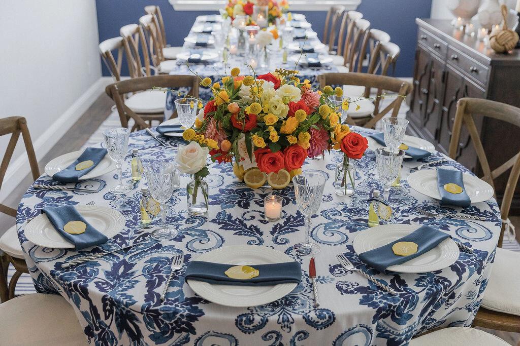 blue, greece, lemon, orange, yellow, centerpiece, home shower, placecards