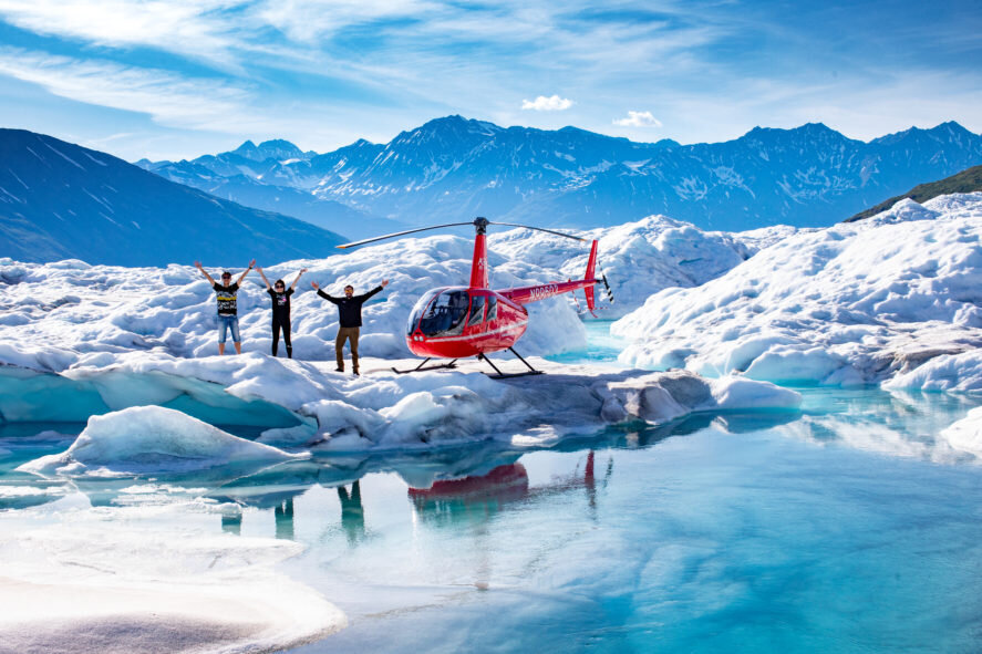 Icy tundra with a red helicopter