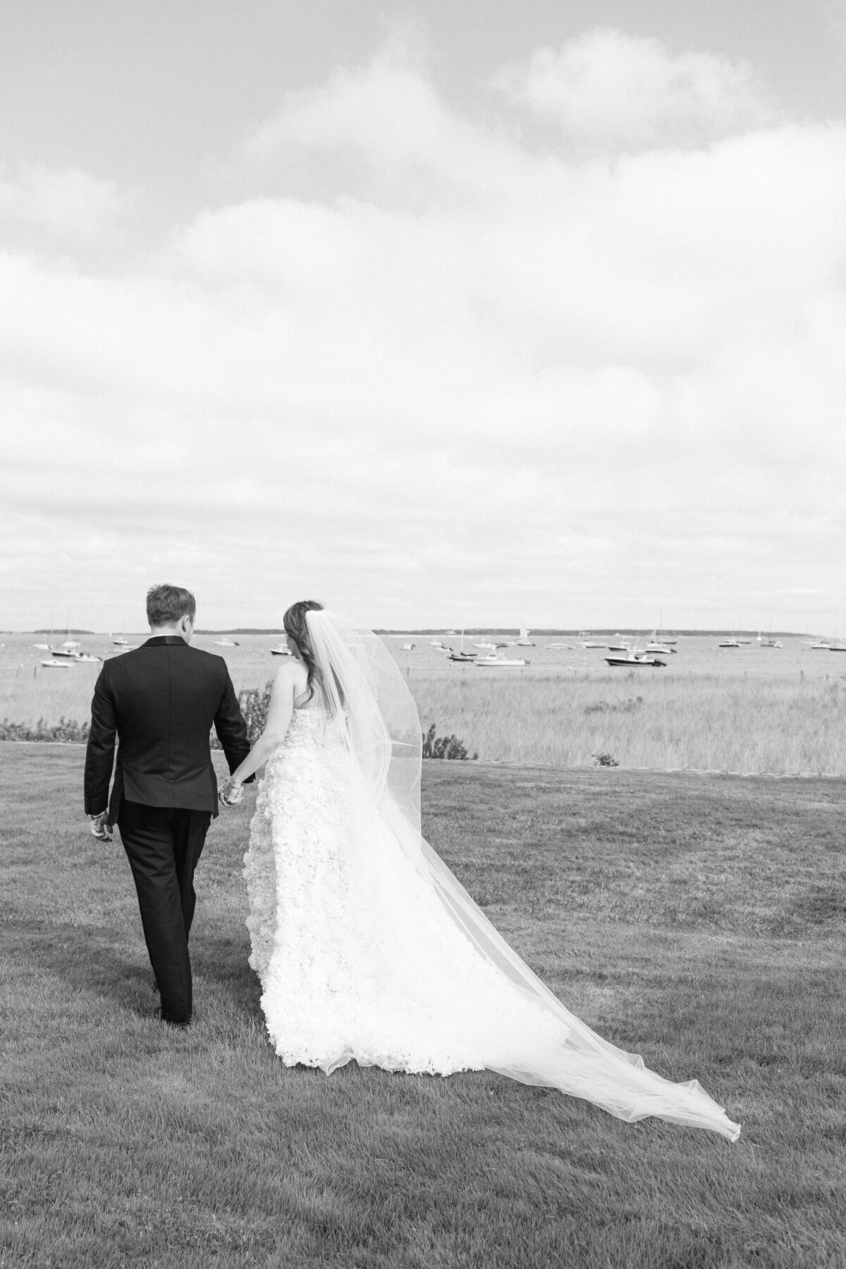 Black and white of Bride & Groom overlooking Hyannis Port Yacht Club