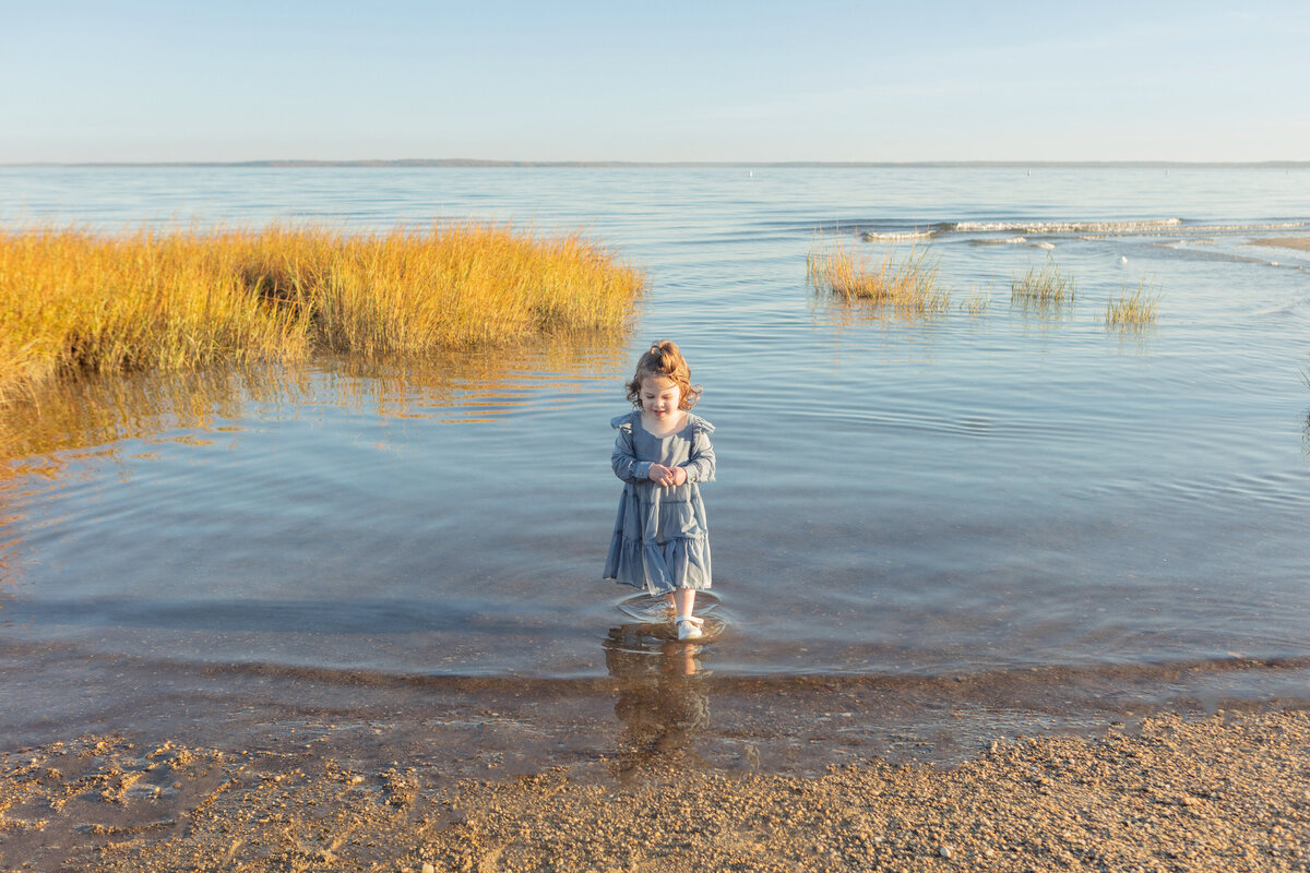 A toddler girl in a blue dress stands in Long Island Sound at Greenwich Beach Tods Point during golden hour with waves and sea grass in the background