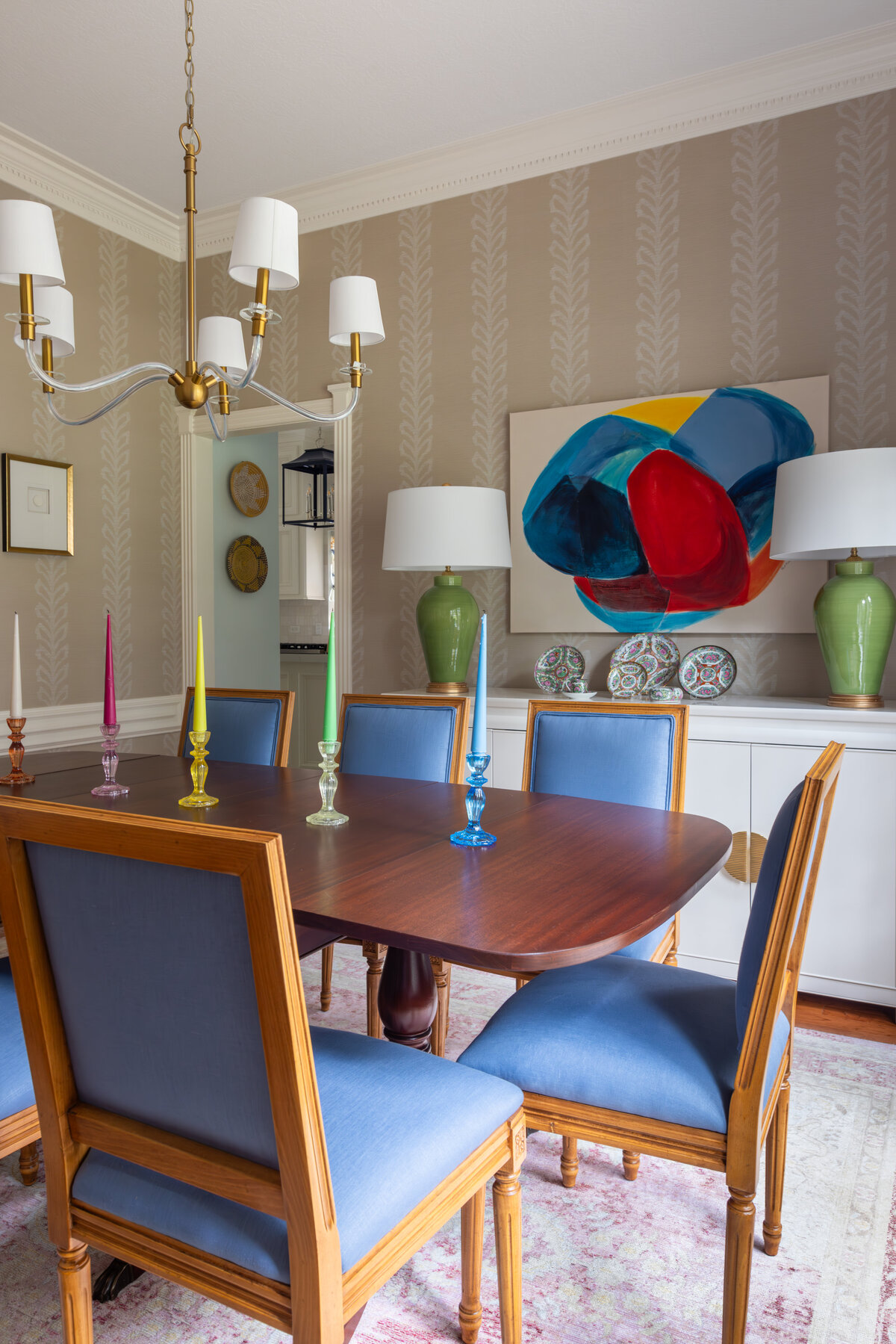 kyleen bushroe interiors gold chandelier dining space