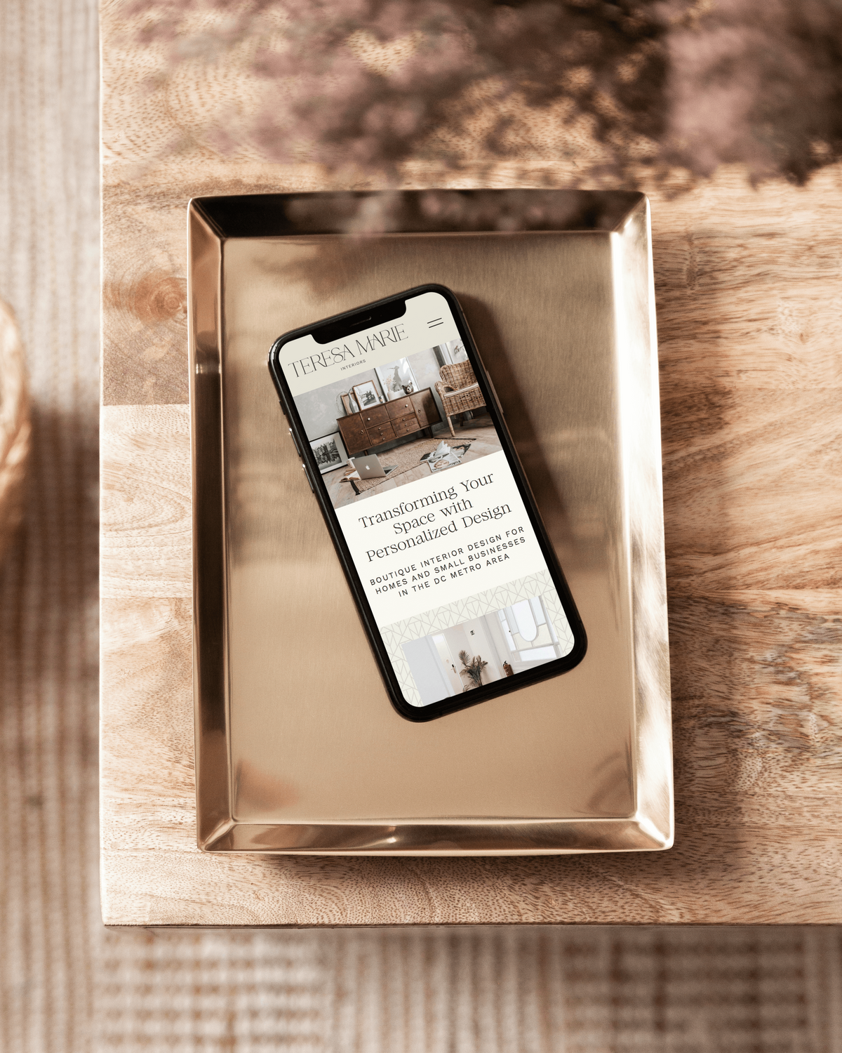 neutral and gentle web design layout for an upscale interior designer's portfolio
