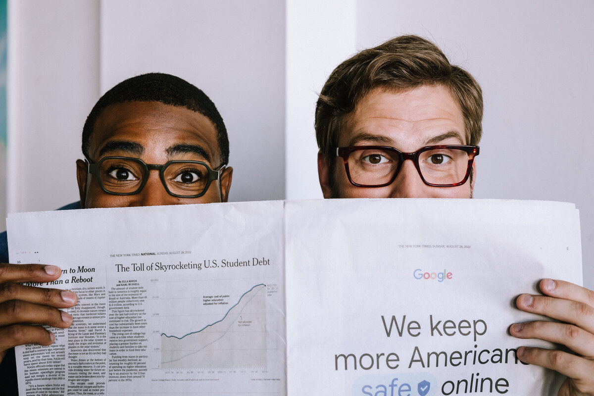 Two Men wearing glasses for branding photos for North Point Eyewear of Pittsburgh. 