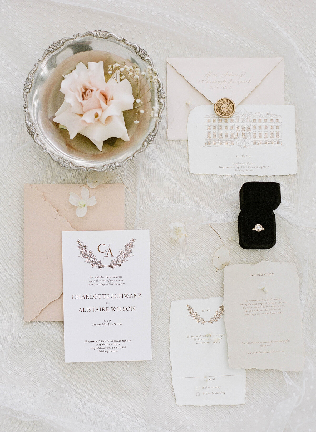 blush and white fine art wedding invitation suite