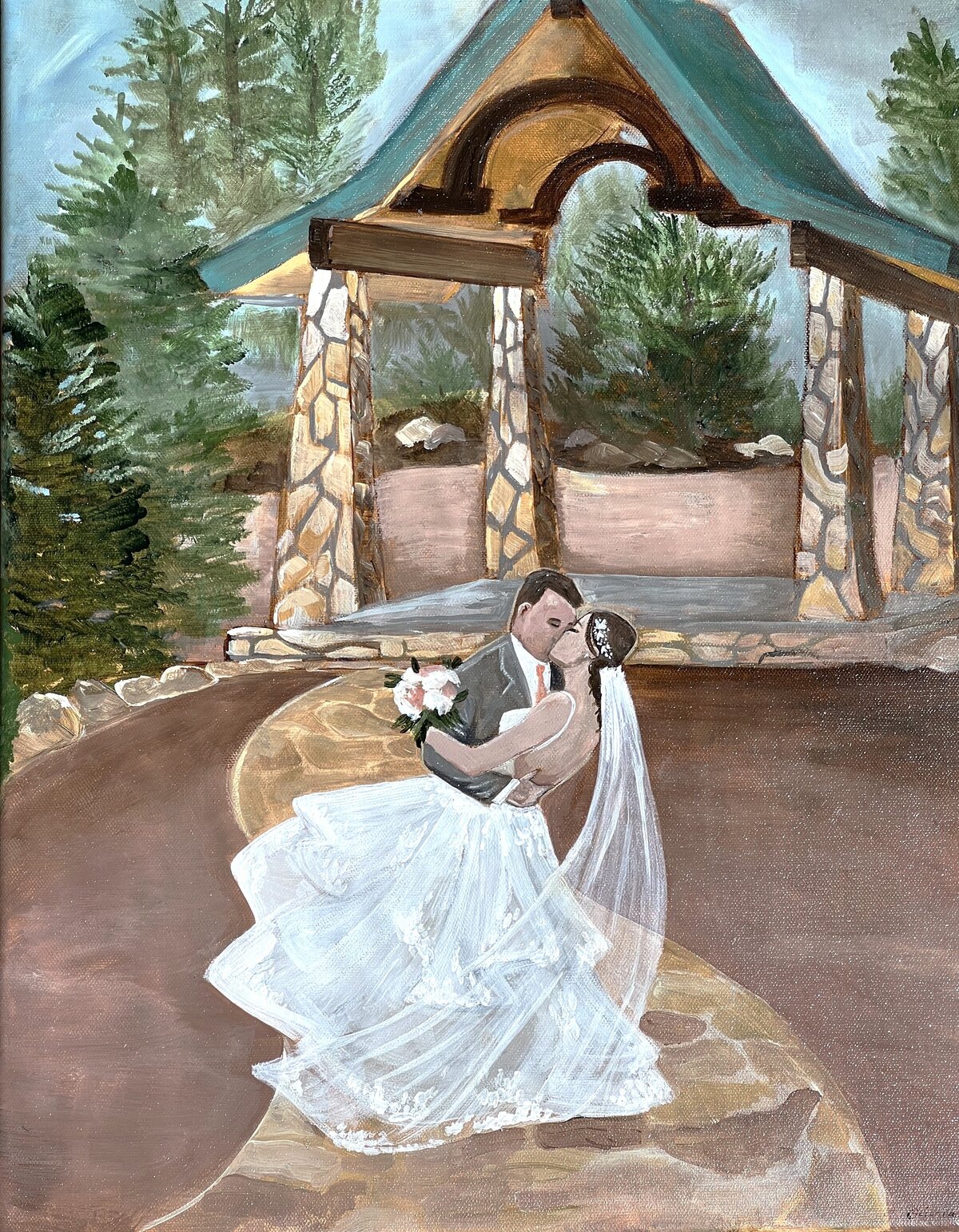Live Wedding painter couple first kiss