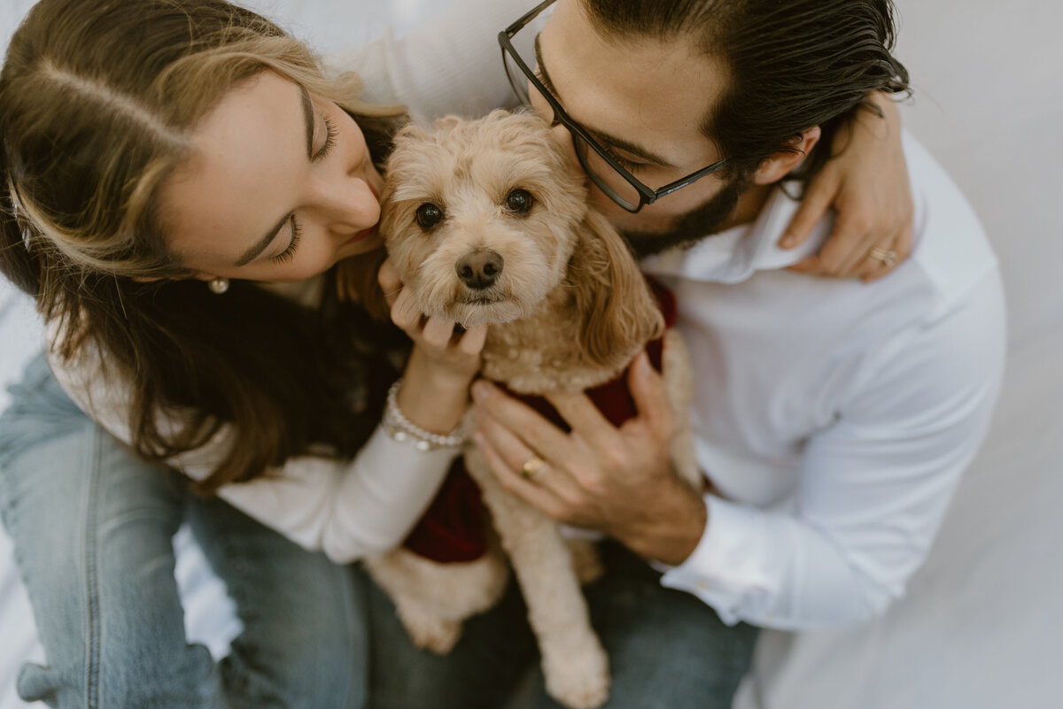a husband and wife kissing their goldendoodle puppy on the cheek.