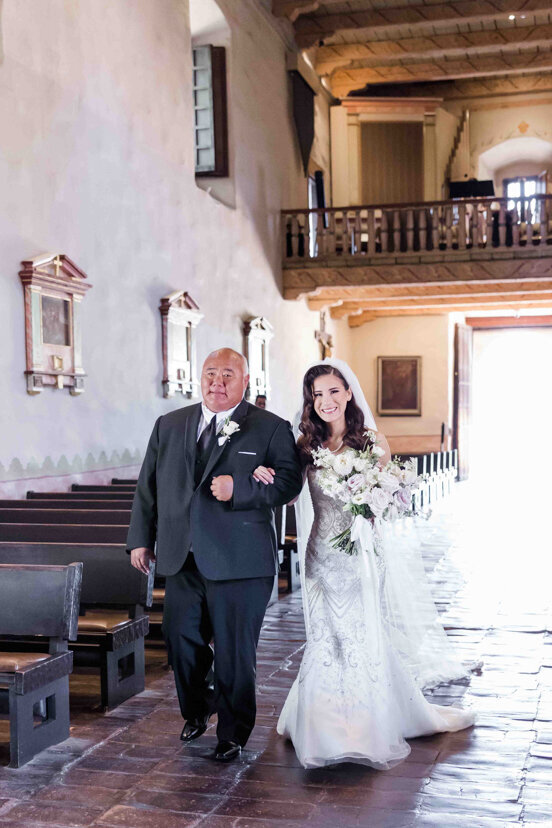 father-and-bride-walking-down-aisle-at-mission-san-diego-de-alcala-wedding