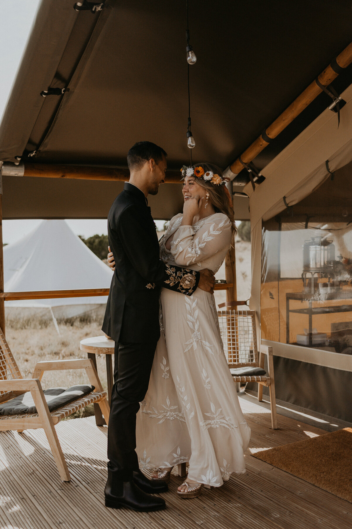 bride and groom having a first look