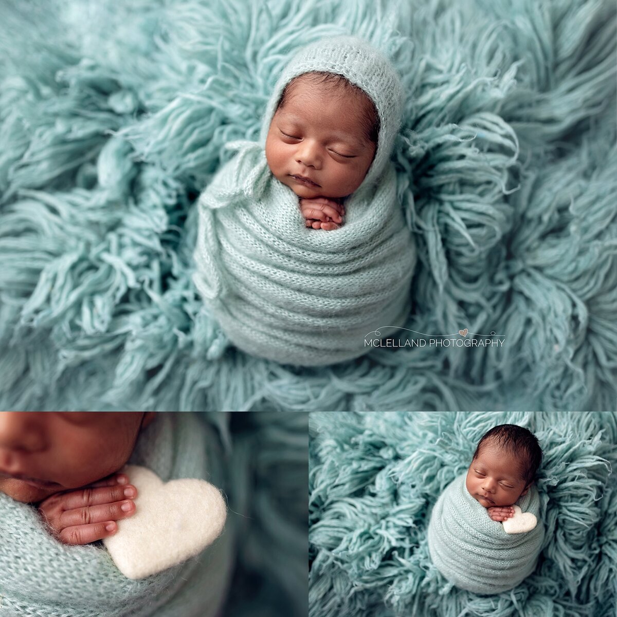 Newborn baby boy wrapped in aqua blue on soft textured backdrop with matching bonnet.