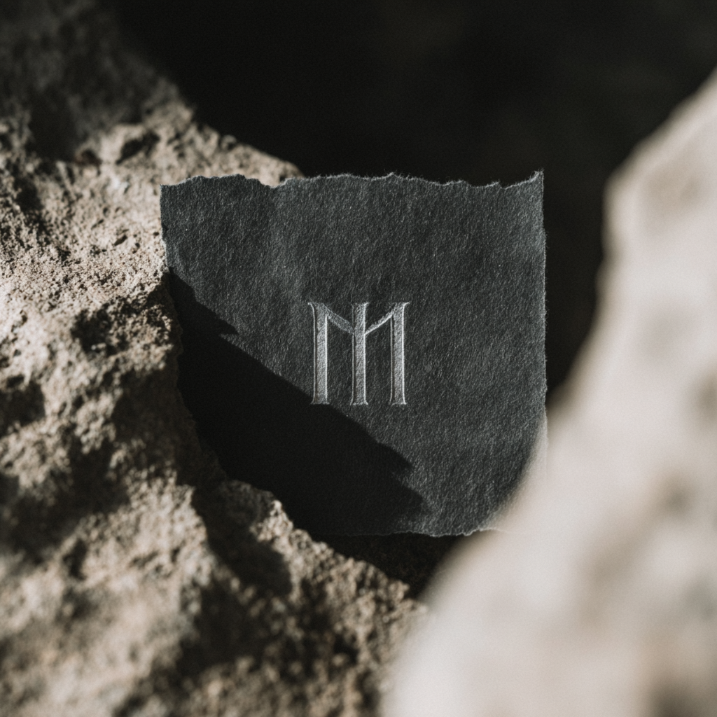 Torn black paper with hand-drawn silver monogram logo resting on desert rocks, representing brand reinvention and iconic identity