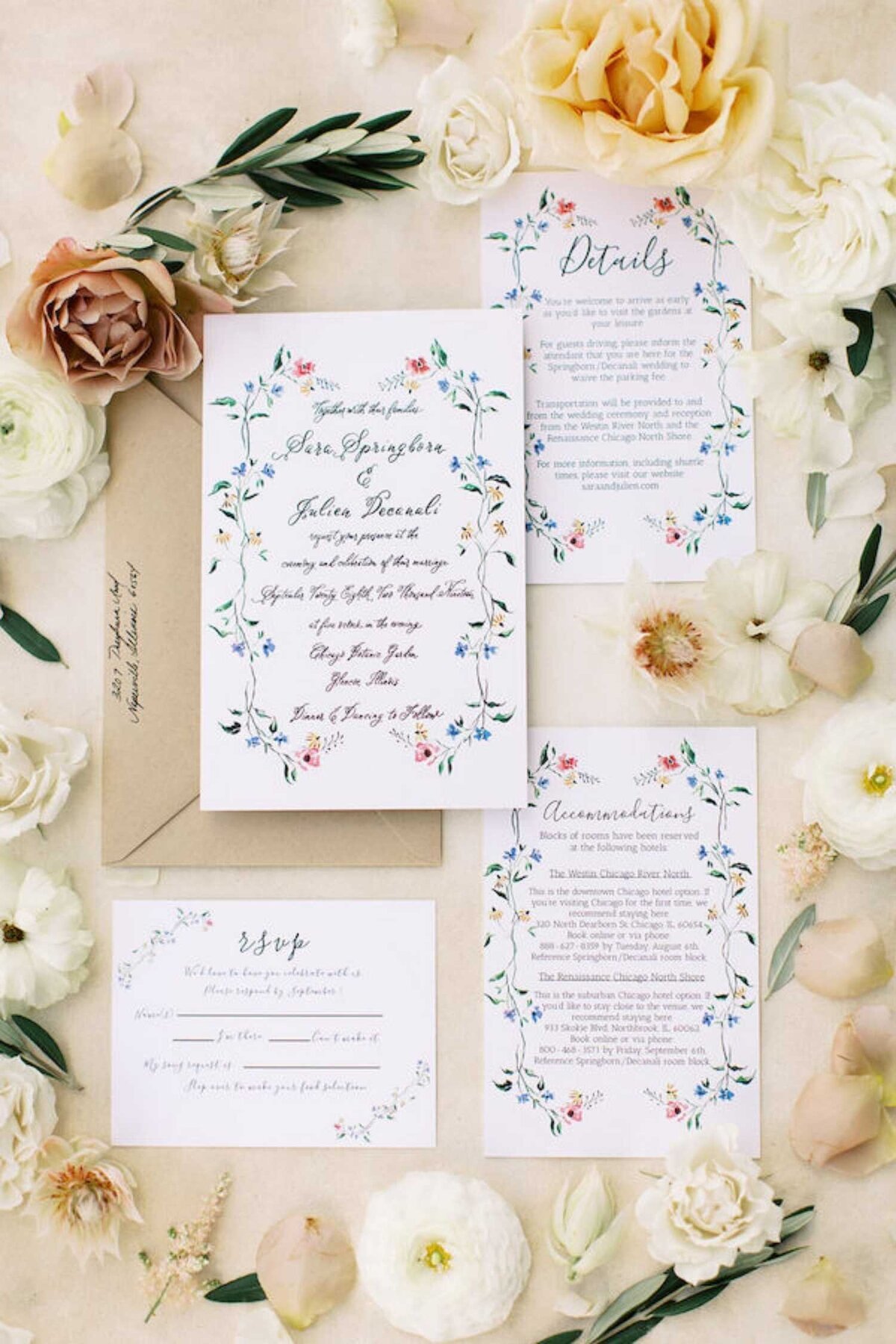 Garden style invitation suite with floral accents for a luxury Chicago outdoor garden wedding.