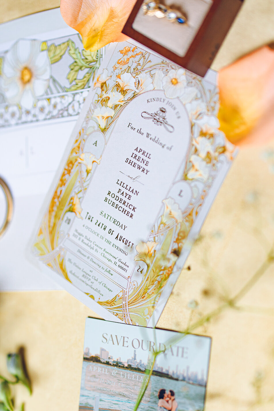 Flat lay details for a queer wedding at Union League Club Chicago