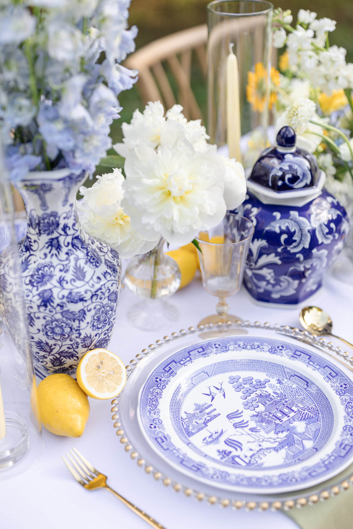 Blue and White Wedding Table Decor – Summer Outdoor Reception Inspiration