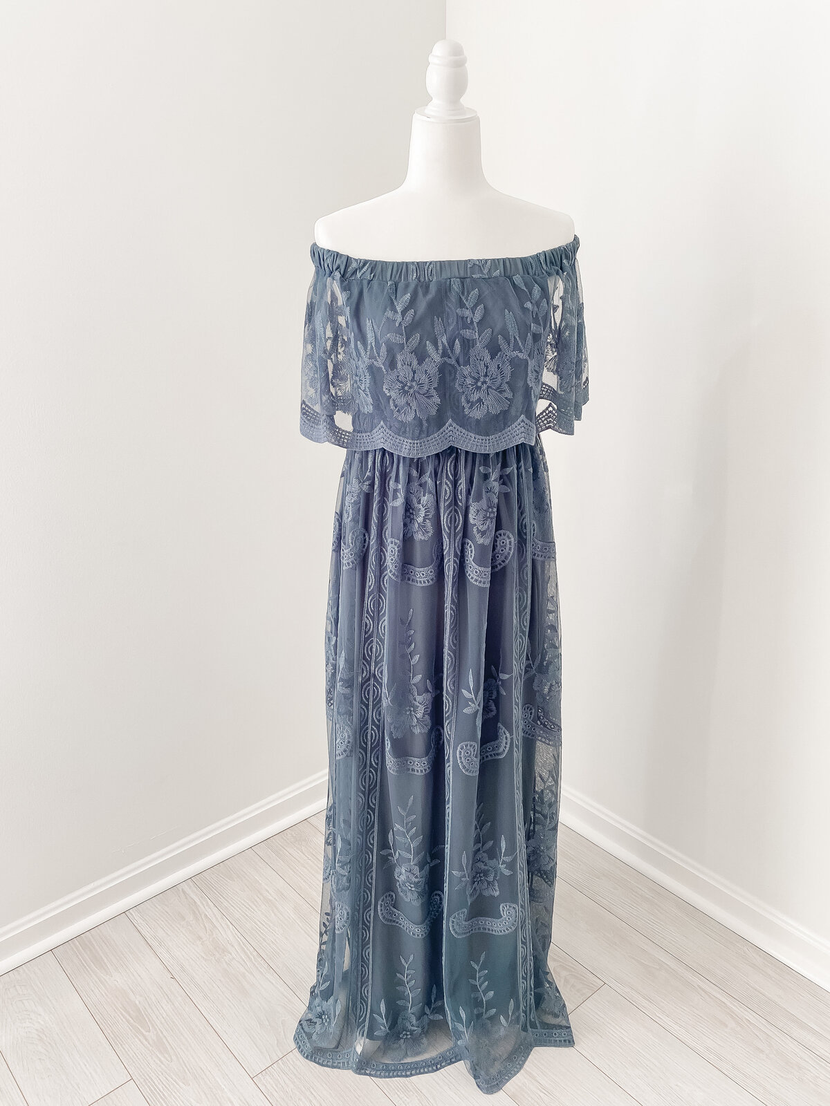 A DC Family Photographer blue off the shoulder lace maxi dress