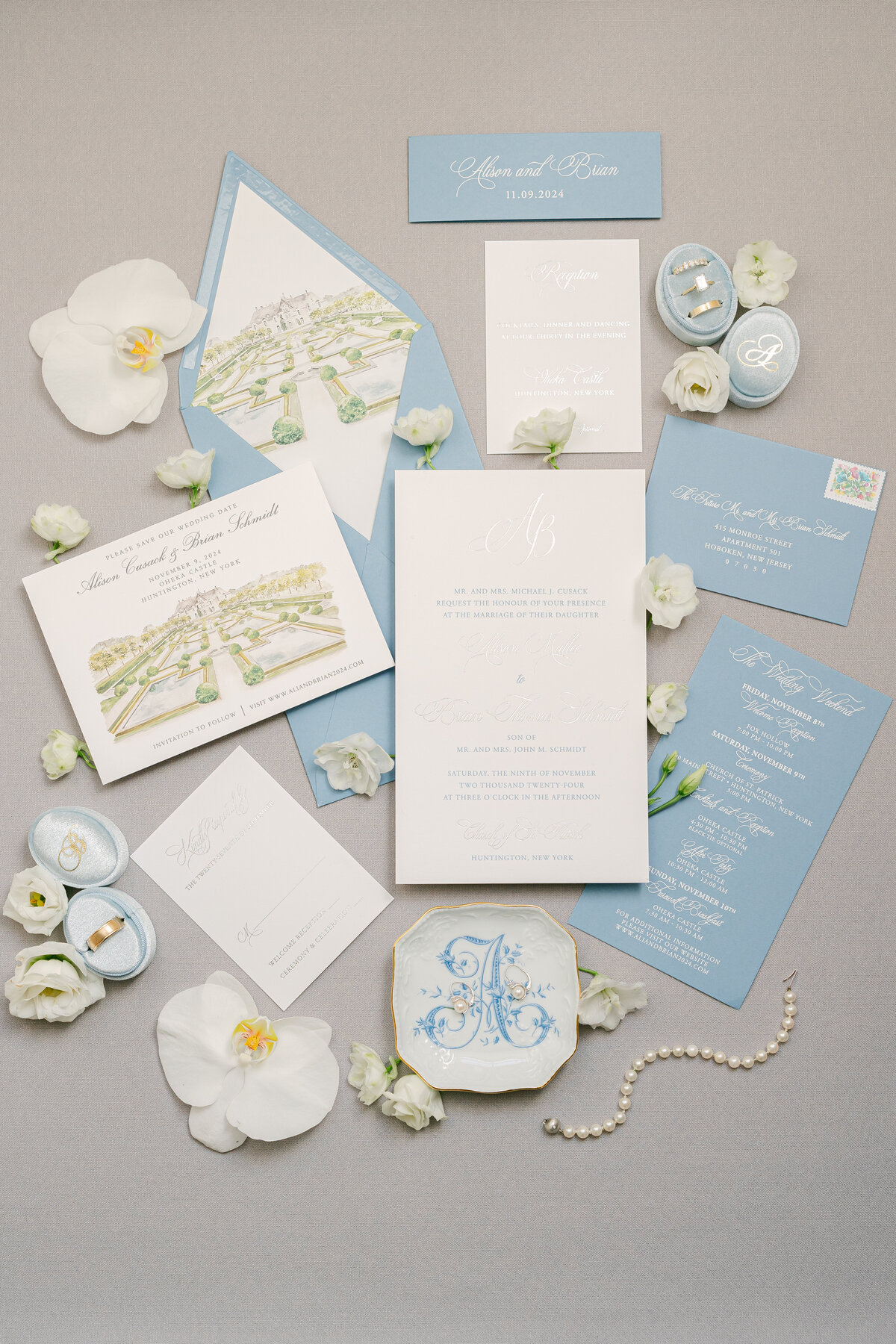 Luxury Castle Wedding in New York, Bridal Wedding Detail photos at Oheka Castle, Invitation for Oheka Castle Wedding