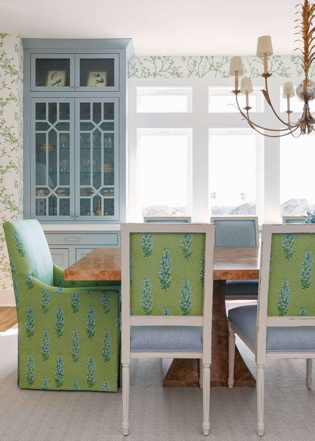 oyster creek studios lighthouse on the lake green floral dining room chairs in dining room with slate blue hutch